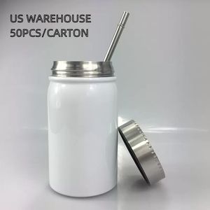 US Warehouse Diy 500ml Sublimação Jarra de pedreiro com canecas de palha e tampa de aço inoxidável Copo de água de verão Drinkwares Z11