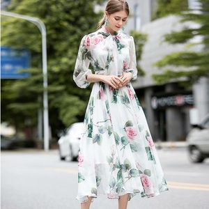 Women's Runway Dresses Lace Up Bow Collar Long Sleeves Floral Printed Elegant High Street Fashion Designer Dress Vestidos