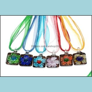 Naszyjniki wisiorek wisiorki biżuteria 6pcs mieszany kolor szklany kwiat kwadrat Murano Lampwork z jedwabną liną nec dhxjz