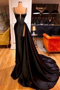 Stunning Black Split Evening Dresses 2024 New A Line Spaghetti Straps Lace Satin Long Party Occasion Gowns For Women Prom Wears BC11923