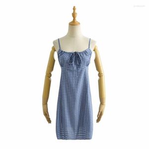 Abiti casual BM Wind Blue Plaid Lace Up Simple Sling 2022 Summer Small Fresh Bottom Dress DLQZ2034