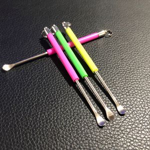 Cera dabber strumenti metallo oro ottone mini dab strumento bastone cucchiaio 82mm earpick orecchio pick cleaner per la pulizia del serbatoio vape con manico in plastica colorata erba secca titanio DHL