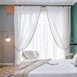 Modern Geometric White Sheer Curtains for Living Room Waves Window Tulle Curtain Bedroom Voile Tassels Pompom Blind Custom Panel 210913