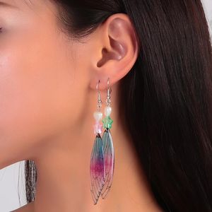 Baumelnde Kronleuchter Boho Übertriebene lange transparente glänzende Federohrringe Frauen Stern Feenflügel baumelnde Ohrringe Hochzeitsschmuck