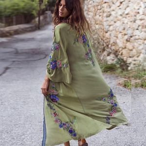 Long Cardigan For Women Kaftan Robe Light Green Floral Embroidery Beach Wear Blouse Sleeve Loose Boho Blouses Women's & Shirts