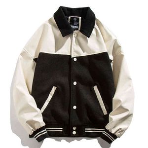 Hot Sale Men Baseball Jacket Patchwork Pu Leather Bomber Coat Baggy High Street College Style Outwear Autumn Streetwear