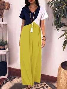 Summer Casual Short Sleeve Straight Maxi Dress Elegant V Neck Solid Splicing Loose Party Women Fashion Chic Pullover 220602