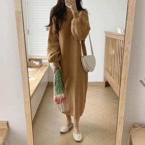 Sıradan elbiseler artı boyut 4xl Sonbahar Kış Kadın Kazak Elbise Örgü Fener Kollu Uzun Koreli O boyun büyük boy dresscasual