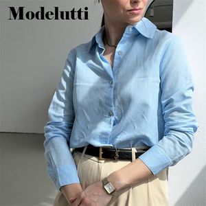 Modelutti Spring Autumn Women Fashion Longeplees Casual Linen Shirt Ladies Bluses Solid Color Simple Tops Female 220725