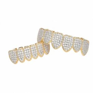 Hip Hop Grillz Luxury Glaring Zircon Micro Pave Dental Grills Fashion Men Women 18K Gold Plated Teeth Brace 2-Piece Set