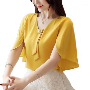 Kadın İlkbahar Yaz Tarzı Şifon Bluz Gömlek Zarif V Yaka Ruffles Katı Renk Kısa Kollu Mizaç Tops DD8395 Bluzlar Gömlek