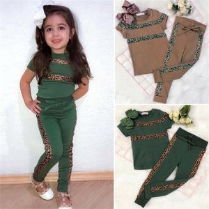 Meninas de moda Clothes Set Cotton Casual Leopard Print Kids Manga curta Tops Calças 2pcs Crianças infantis infantis 220620