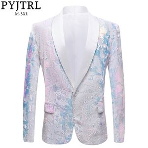 PyJtrl Men Pure White Velvet Fantasy Color Sequin Blazers Night Club Singers Wedding Groom Prom Tuxedo Slim Fit Suit Jacket 201104