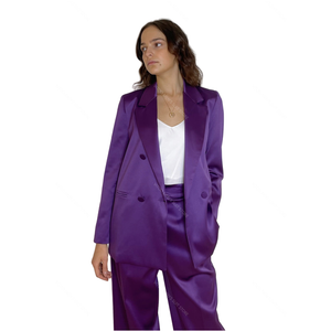 As mulheres de duas peças femininas se adapte 2 moda com calça blazer plus size / roxo cetim solto largo calças de perna / senhoras terno para trabalho profissional