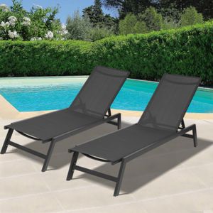 US STOCK Outdoor 2-teiliges Set Chaiselongue-Stühle, Terrassenbänke, fünffach verstellbarer Aluminium-Liegestuhl, Allwetter für Terrasse, Strand, Garten, Pool (grauer Rahmen/schwarzer Stoff)