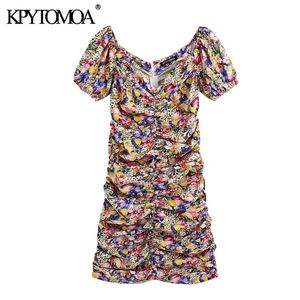 kpytomoa女性シックなファッションフローラルプリントドレープドレープヴィンテージvネックショートスリーブバックジッパー女性ドレスベスティドスT200613