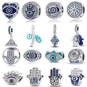 925 Sterling Silver Pendant Charms för Pandora Original Box Color Lucky Blue Eyes Fatima Hand European Pärl Charms Armband Halsband