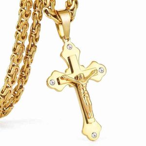 Stahl Edelstahl Gold Farbe Kristall Jesus Kreuz Anhänger Halsketten 6mm Schwere Link Byzantinische Kette Männer Halskette Mn69 Weihnachten geschenk262O