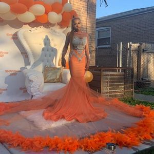 South African Orange Mermaid Prom Dresses Sheer Neck Long Sleeves Appliques Beads Feather Sweep Train Robe evening Formal Party Dress PRO232