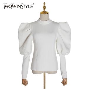 TwotwinstyleカジュアルなRuched Women S Sweatshirts O Neck Puff Long Sleeve Tunic Slim Pullovers for Mefach Fashion Clothing新しいLJ200808