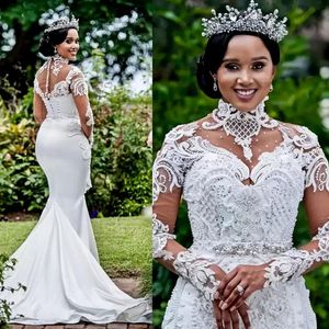 Long Sleeve Mermaid Wedding Dresses 2022 High Neck African Nigerian Lace Crystal Arabic Aso Ebi Princess Bridal Reception Gown