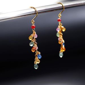 Colorful Sapphire Yellow 18K Gold Earrings Female Genuine Gemstones Long Gift For Girlfriend Dangle & Chandelier