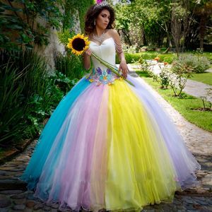 Rainbow quinceanera vestidos 3d flor colorida doce 15 vestidos de bail