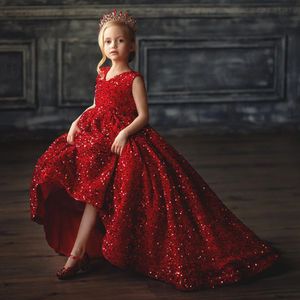 Yeni Kırmızı Balo Çiçek Kız Elbise O Boyun Kolsuz Glitter Pullu Uzun Kız Doğum Günü Kıyafetleri Çocuk Mezuniyet Parti Elbiseler