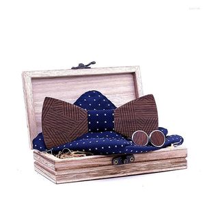 Linbaiway Vintage Woode Bowtie Pocket Square Cufflinksセットフォーメン