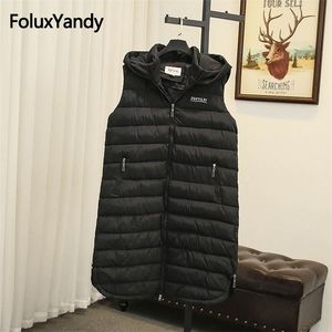 Long Winter Vest Kvinnor ärmlösa rockar plus storlek 5xl casual huva varma tjocka västar svarta ytterkläder SWM1137 201031