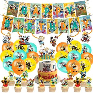 Party Decoration Cuphead Game Theme Birthday Supplies Balloons Decor Happy Banner Cake Toppers Kid Decorparty