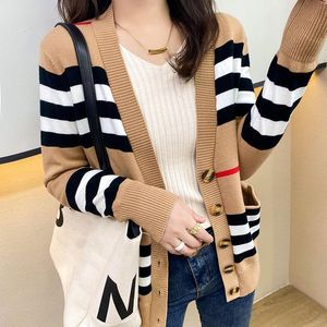 Women's sweater women jacket cashmere cardigan mid-length knitted V-neck loose striped sweater thin ladies trench coat #002