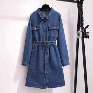 150Kg Plus Size Women's Spring Autumn Long-Sleeved Lapel Denim Dress Bust 156cm 6XL 7XL 8XL 9XL 10XL Loose A-Line Dress Blue L220706