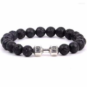 Beaded Strands Natural Lava Stone Pärlor Silver Dumbell Armband Bangles For Men Women Jewellery Pulseira Feminina Yoga Bileklik Trum22