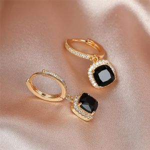 Hoop Huggie Luxury Female Square Crystal Stone Earrings Classic Gold Color Wedding For Women Vintage Black Zircon EarringsHoop