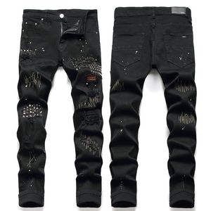 Man Rivet Studs Stitching Detail Damage Black Jeans Distressed Worn Denim Pants