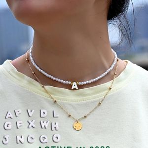 Choker Chokers 2Pcs/Set Bohemian Initial Letter Pearl Necklaces 2022 Trendy Simple Pendant Beaded Chain Necklace For Women Jewelry