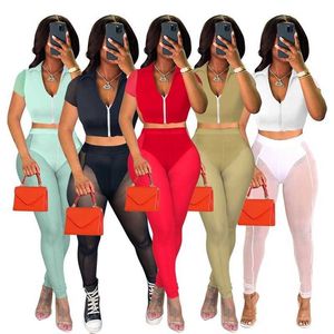 Womens Tracksuits Fashion Sexy Mesh Splicing Zipper Short Sleeve Yoga Pants Outfits Ladies Summer 2 Piece Matching Set