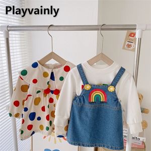 Spring Kids Girl Boy Sets Long Sleeves Sweatshirts+Coat+Dot Dress+Rainbow Sweater+Denim Overalls Children Outfits E037 220509