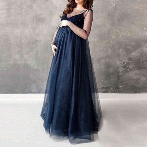 2022 Long Sleeve Bead Mesh Dress For Pregnant Women Wedding Dress Shooting Props Maternity Dress Fashion Pregnant Women Clothing Y220414