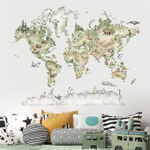 Watercolor World Map Animals Wildlife Wall Stickers Removable Vinyl Wall Decals Print Kids Room Playroom Interior Home Decor 220613