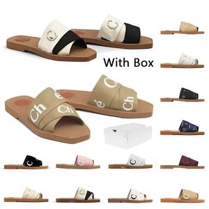 Box Womens Designer Slipper Flats Mule Woody Sandals En Kaliteli Yaz Moda Ofisi Wolk Slipper Ladie Ucuz Açık Kapalı Sıradan Kaydırıcı Sandlas Eur 35-42