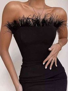 Ny sommar Sexig Stroplös Backless Feather Black Midi Women Bodycon Bandage Dress 2022 Designer Fashion Party Club Dress Vestido Y220401