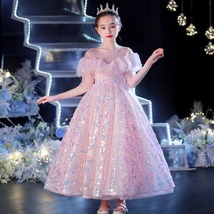2122 Sequined Flower Girl Dresses for Wedding Blingbling Lace Floral Appliques Tiered Kjolar Tjejer Pagant Klänning Kids Birthday Party Gowns