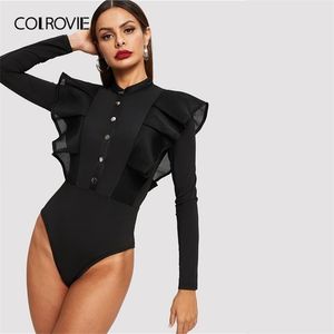 Colrovie Black Button Front Fishnet Mesh Trim Ruffle Bodysuit Women Solid Bodysuit Fall Sexig Stand Collar Skaky Bodysuits 201007