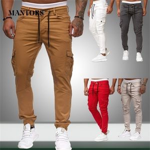 Män byxor joggar hip hop streetwear multi-pocket herrar casual tröjor elastiska smala passformiga fasta färggymbyxor hösten 201128