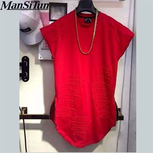 Man si Tun Newest Mens orlo curvo strappato Tee Shirts Fashion Destroyed Extended Zipper T Shirt Longline T-shirt Zip laterale T200219