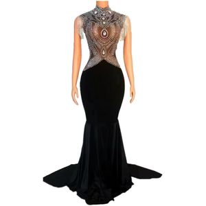 Shiny Rhinestones Transparent Mermaid Trailing Dress Sexy Evening Party Catwalk Host Singer Model Show Mesh Velvet Floor-length Long Dresses