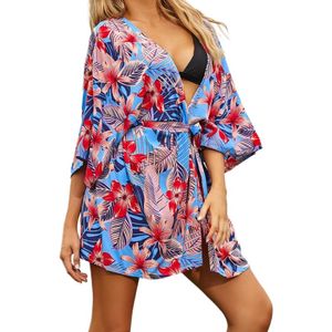 Costumi da bagno da donna Maniche a 3/4 Bikini corto Cover Up Foglie tropicali colorate Cardigan Kimono con stampa floreale Vita con cintura Abbigliamento da spiaggiaDonna