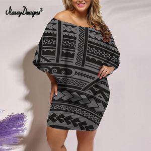 NoisyDesigns Gray Polynesian Boho Prints Women's Plus Size Off Shoulder Ruffles Layered Short Sleeve BodyCon Mini Dresses 220627